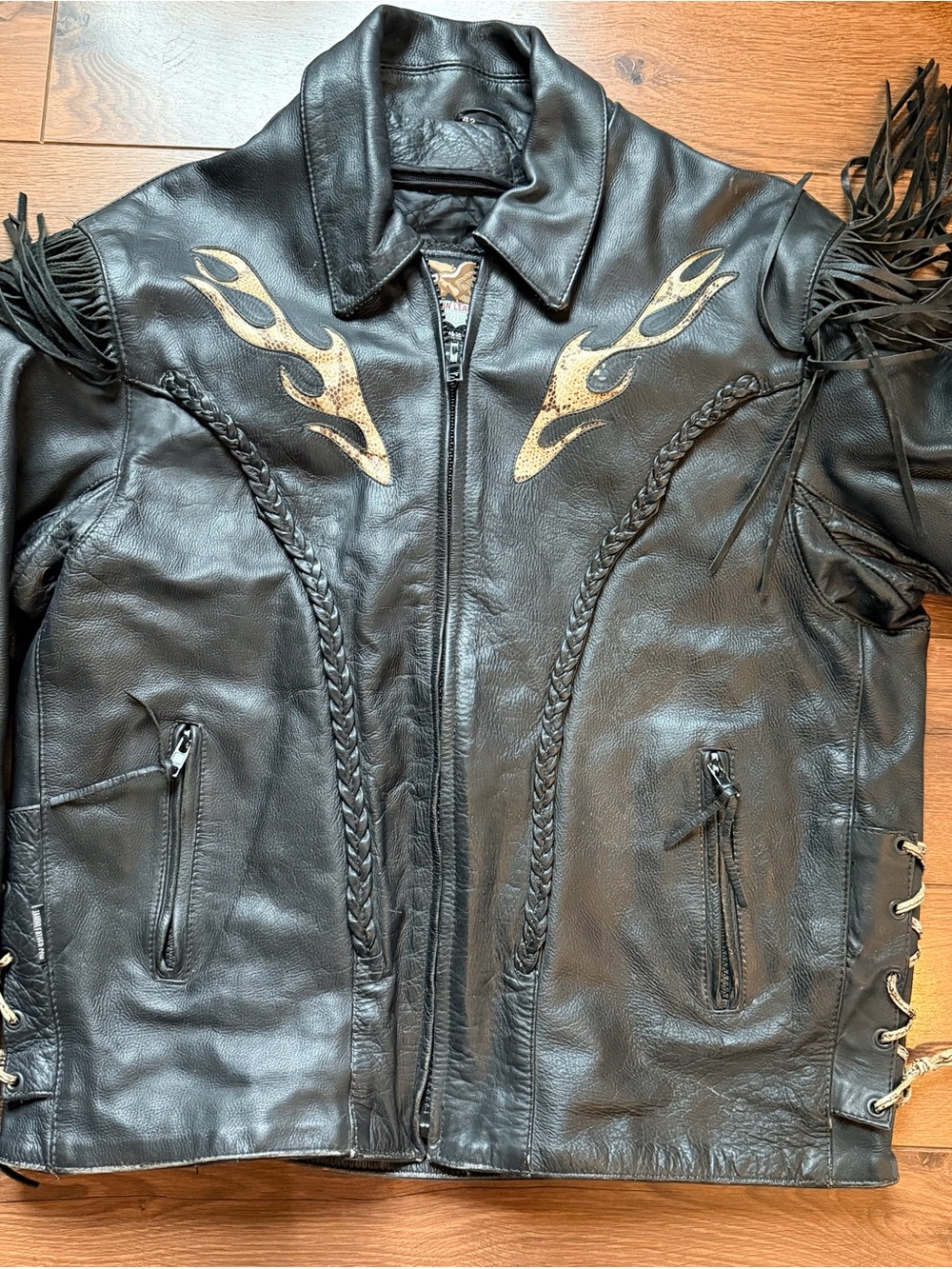 Men's Black Leather Fringe Jacket with Snake Flame Accents - Picture 2 of 13